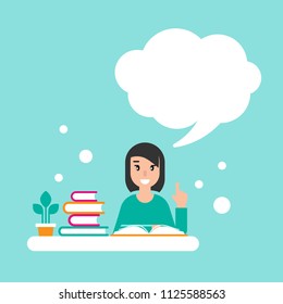 happy girl with books and speech bubble. creative teacher. giving advice . flat vector illustration powder blue background. Hints and tints. Questions and answers.