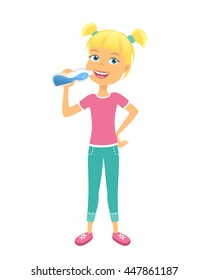 Happy girl with bottle of water. Children drinking water