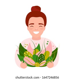 Happy girl with bouquet of flowers. Bunch of leaves in hands. Gift plant. Growing plants. Vector cartoon illustration on white background