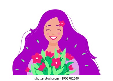 Happy girl with a bouquet of flowers. Cute young woman with loose wavy purple hair. Concept for Mother's Day, Valentine's Day, March 8 Women's Day, birthday. Stylish lady. Spring vector illustration