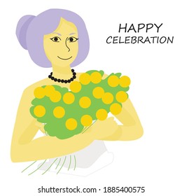 happy girl with a bouquet of flowers in her hands in a white dress on a white background. lettering "happy celebration". vector isolated. greeting card. banner for website