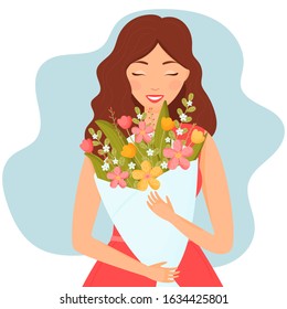 happy girl with a bouquet of flowers vector flat illustration on a white background