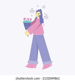 happy girl with a bouquet of flowers vector flat illustration on a white background