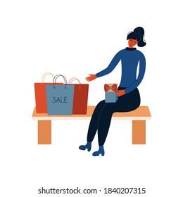 Happy Girl with boxes of gifts and bags from the store sitting on the bench. Vector colorful flat isolated illustration. Black Friday, season of discounts, sale, buying gifts for the holidays