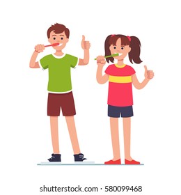 Happy girl & boy brushing their teeth with toothbrushes and showing thumbs up symbol with hands. Kids dental health and personal hygiene concept. Flat style vector illustration isolated on white.