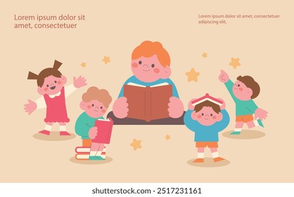 Happy girl and boy. A child reading a book. Children raising their hands. Kindergarten student. education. learning