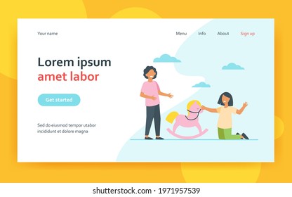 Happy girl and boy children playing with rocking horse toy together. Friends flat vector illustration. Childhood, kindergarten concept for banner, website design or landing web page