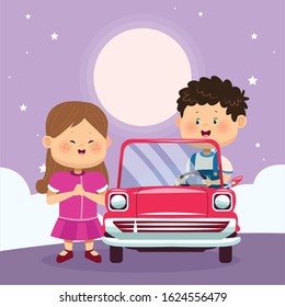 happy girl and boy in classic car over purple nightfall background, colorful design, vector illustration