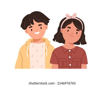 Happy girl and boy friends. Face portrait of two Asian kids. Children couple. Primary school classmates, young students. Flat vector illustration of schoolkids pair isolated on white background