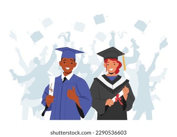 Happy Girl And Boy Graduate In Their Graduation Gowns And Caps, Holding Their Diplomas And Celebrating Their Academic Achievements With Big Smiles. Cartoon People Vector Illustration