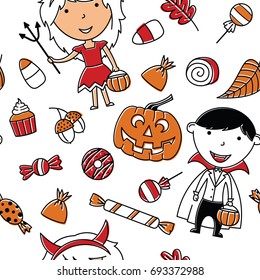 Happy girl and boy in Halloween costumes with sweets seamless pattern. Holidays backdrop with toddlers and candies. Vector background with cartoon characters of devil and vampire. 