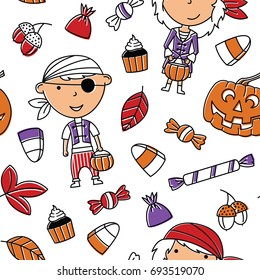 Happy girl and boy in Halloween costumes with sweets seamless pattern. Holidays backdrop with toddlers and candies. Vector background with cartoon characters of pirates. 