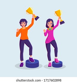 Happy girl and boy holding trophy vector illustration