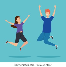 happy girl and boy jumping with casual clothes