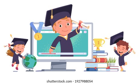 Happy girl, boy kids celebrating online education graduation. Graduate student person in graduation cap hold diploma scroll on computer screen. Distance education concept flat vector illustration