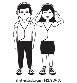 happy girl and boy with mp3 and earphones listening music vector illustration