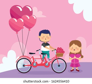 happy girl and boy on double bike with hearts balloons and flowers over pink background, colorful design, vector illustration