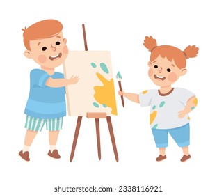 Happy girl and boy painting on easel. Joyful elder brother and little sister playing together cartoon vector illustration