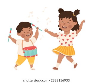 Happy girl and boy playing drums. Joyful kids brother and sister playing together cartoon vector illustration