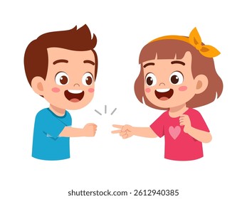 Happy Girl and Boy Playing Rock Paper Scissors Hand Game with Smiling Expression in Cartoon Style