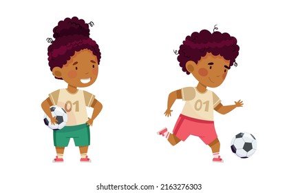 Happy girl and boy playing soccer. Adorable kids running and kicking ball cartoon vector illustration