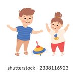 Happy girl and boy playing whirligig toy. Joyful elder brother and little sister playing together cartoon vector illustration