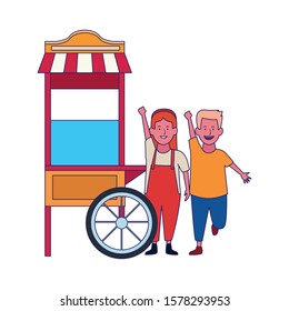 happy girl and boy and popcorn cart icon over white background, vector illustration