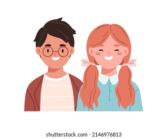 Feliz retrato de niña y niño. Niños asiáticos sonrientes, amigos de la escuela. Compañeros de clase, jóvenes estudiantes de primaria. Niños y niñas. Ilustración vectorial gráfica plana aislada en fondo blanco