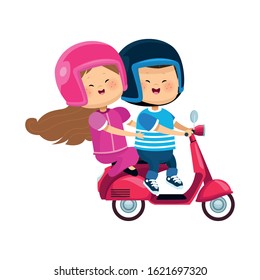 happy girl and boy riding a classic motorcycle over white background, colorful design, vector illustration