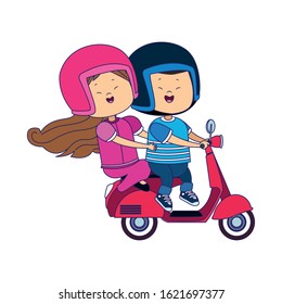 happy girl and boy riding a classic motorcycle over white background, vector illustration