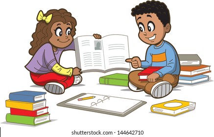 Happy Girl and Boy Sitting on the Floor with a Bunch of Books
