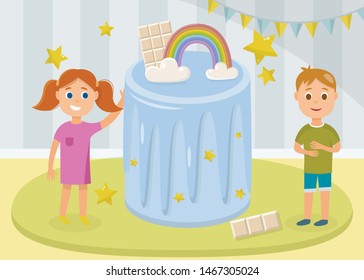Happy Girl and Boy Standing near Huge Festive Cake Decorated Rainbow and Chocolate. Smiling Cartoon Children Characters. Flat Birthday Party Greeting Card. Vector Invitation Illustration