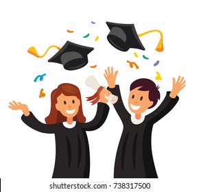 Happy girl and boy throwing their graduation hats in the air. Vector flat