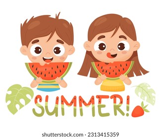 Happy girl and boy with watermelon. Summer postcard with cute cartoon child and lettering Summer with watermelon pattern. Vector illustration for kids collection, design, decor