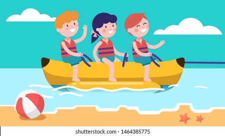 Happy girl & boys children enjoying water banana boat ride attraction at sea or ocean shore. Excited kids having fun. Children cartoon characters. Summer holidays amusement. Flat vector illustration