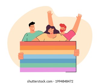 Happy girl and boys holding LGBT flag flat vector illustration. People celebrating pride month. Human equality, rainbow, bisexual concept for banner, website design or landing web page