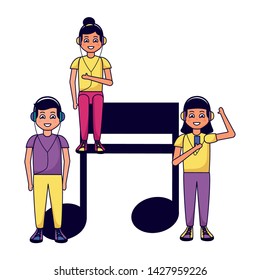 happy girl and boys with mp3 and earphones listening music vector illustration