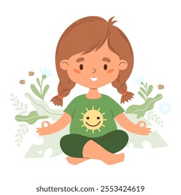 Happy girl with braids hairstyle meditating sitting in asana with nature and flowers. Concept beneficial effects of environment, Hobbies, sports, healthy lifestyle. Vector illustration