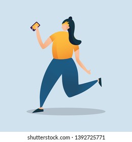 Happy girl with bring smartphone, walking and jumping with blue gray background with gradient line flat illustration vector style