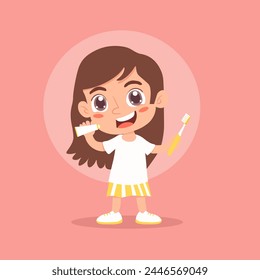 Happy girl brushing her teeth
with toothpaste and brush.Vector illustration.