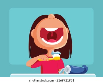 Happy Girl Brushing Teeth Vector Cartoon Drawing Illustration. Child taking care of oral health issue preventing cavities and gum problems
