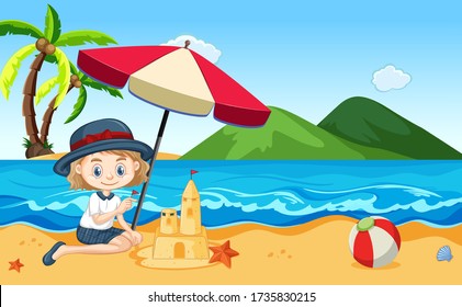 Happy girl building a sandcastle illustration