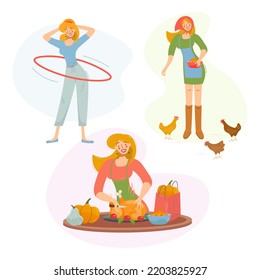 The happy girl is busy with household chores. The blonde cooks dinner, goes in for sports, twists the hoop, feeds the chickens. The woman works and rests. Vector isolated illustration, set. Flat style