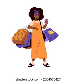 Happy girl buyer holding many shopping bags and mobile phone. Young black woman customer in modern fashion clothes, carrying purchases. Flat graphic vector illustration isolated on white background.