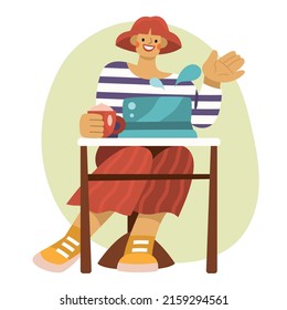Happy girl in a cafe having an online call via tablet. Drinking coffee, talking, having a good time. Male and female. Full character figure. Flat hand drawn cartoon vector illustration