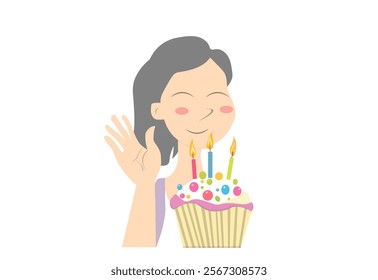 Happy girl with cake and candles. Birthday party. Celebration. Flat vector illustration. Isolated on white background