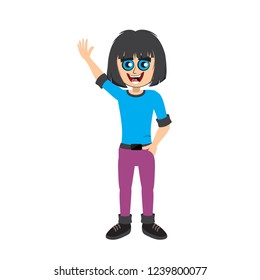 Happy girl calling someone away cartoon character vector illustration