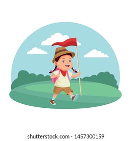Happy girl with camping backpack and flag ready to summer camp in nature scenery background ,vector illustration graphic design.