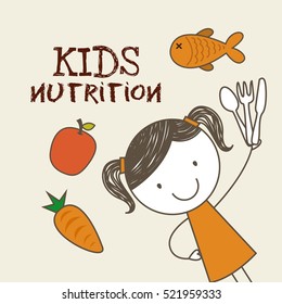 Happy Girl With Carrot, Fish And Apple Around Her. Kids Nutrition Concept. Colorful Design. Vector Illustration