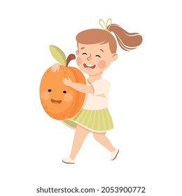 Happy Girl Carrying Big Apricot Fruit with Cheerful Vector Illustration